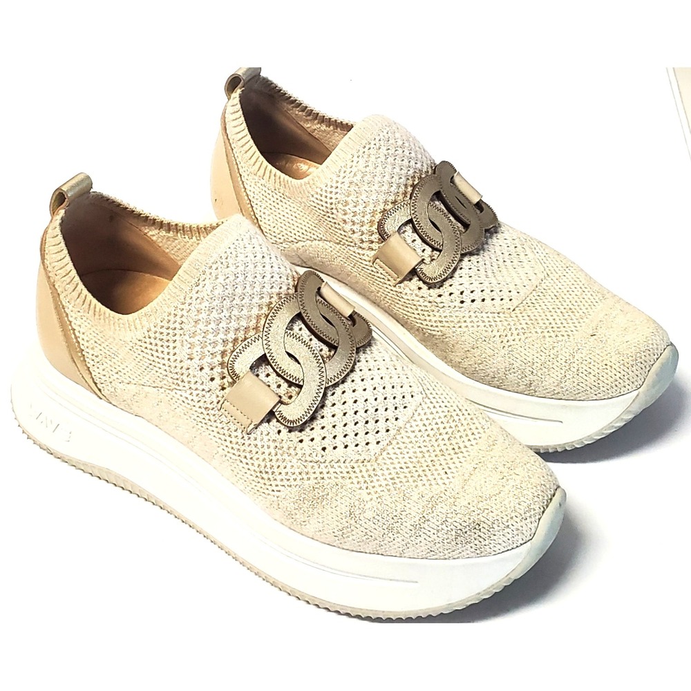Softwaves Simone Sneakers Sand/Platino Leather Chain Detail 11 Slip On Knit Shoe